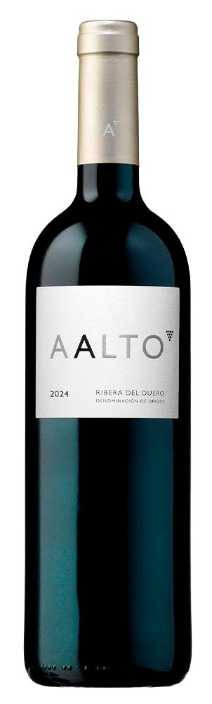 Flaskan är mörk och har en ljust guldbeige kapsel med ett A-märke och en vit etikett med texten Aalto, 2024, Ribera del Duero och Denominación de Origen. Aalto, flaska. Flaskan är mörk och har en ljust guldbeige kapsel med ett A-märke och en vit etikett med texten Aalto, 2024, Ribera del Duero och Denominación de Origen.