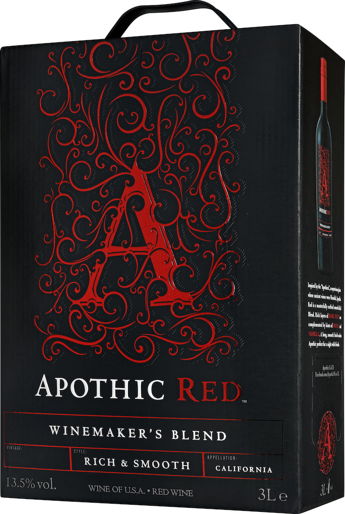 Kartongen är svart med ett stort rött A i snirkliga mönster och texten Apothic Red, Winemaker's Blend, Rich & Smooth, California. Apothic Red Winemaker's Blend, bag-in-box. Kartongen är svart med ett stort rött A i snirkliga mönster och texten Apothic Red, Winemaker's Blend, Rich & Smooth, California.