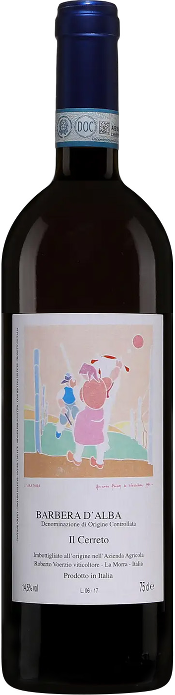 Flaskan är av mörkt glas och har blå kapsel och en ljus etikett med en färgglad, tecknad bild av två figurer samt texten Barbera d'Alba, Il Cerreto och Roberto Voerzio. Barbera d'Alba il Cerreto, flaska. Flaskan är av mörkt glas och har blå kapsel och en ljus etikett med en färgglad, tecknad bild av två figurer samt texten Barbera d'Alba, Il Cerreto och Roberto Voerzio.
