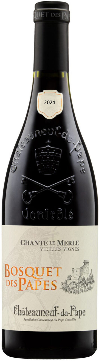 Mörk flaska med Châteauneuf-du-Pape-vapnet präglat i glaset, en halsetikett med årtalet 2024 och en krämfärgad etikett med texten Chante Le Merle Vieilles Vignes, Bosquet des Papes och Châteauneuf-du-Pape. Bosquet des Papes Chante Le Merle Vieilles Vignes, flaska. Mörk flaska med Châteauneuf-du-Pape-vapnet präglat i glaset, en halsetikett med årtalet 2024 och en krämfärgad etikett med texten Chante Le Merle Vieilles Vignes, Bosquet des Papes och Châteauneuf-du-Pape.