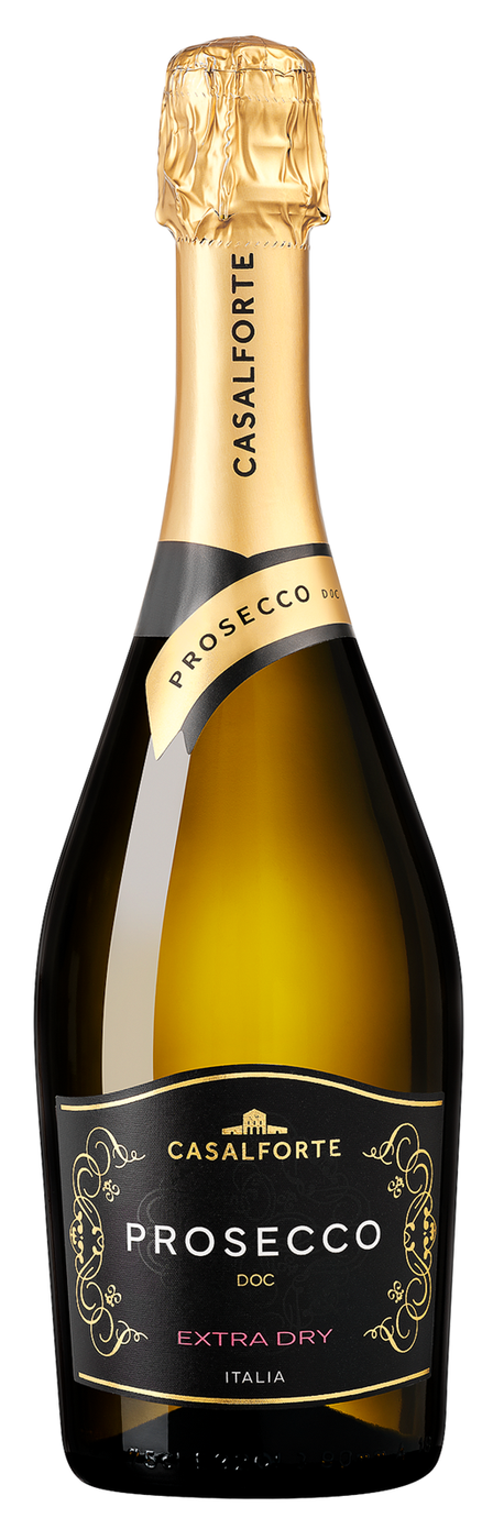 Mörkgrön flaska med guldfärgad folie på halsen och en svart etikett med guldtext och dekorativa ornament, naturkork. Casalforte Prosecco Extra Dry, flaska. Mörkgrön flaska med guldfärgad folie på halsen och en svart etikett med guldtext och dekorativa ornament, naturkork.