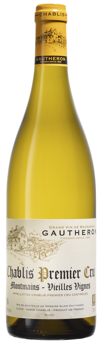 Flaskan är av ljust glas med en gul kapsel med texten Chablis, en liten skiss av ett hus och namnet Gautheron, och en krämvit etikett med en skiss av ett vinhus bland vinstockar samt texten Gautheron, Chablis Premier Cru och Montmains – Vieilles Vignes. Chablis 1er Cru Montmains, flaska. Flaskan är av ljust glas med en gul kapsel med texten Chablis, en liten skiss av ett hus och namnet Gautheron, och en krämvit etikett med en skiss av ett vinhus bland vinstockar samt texten Gautheron, Chablis Premier Cru och Montmains – Vieilles Vignes.
