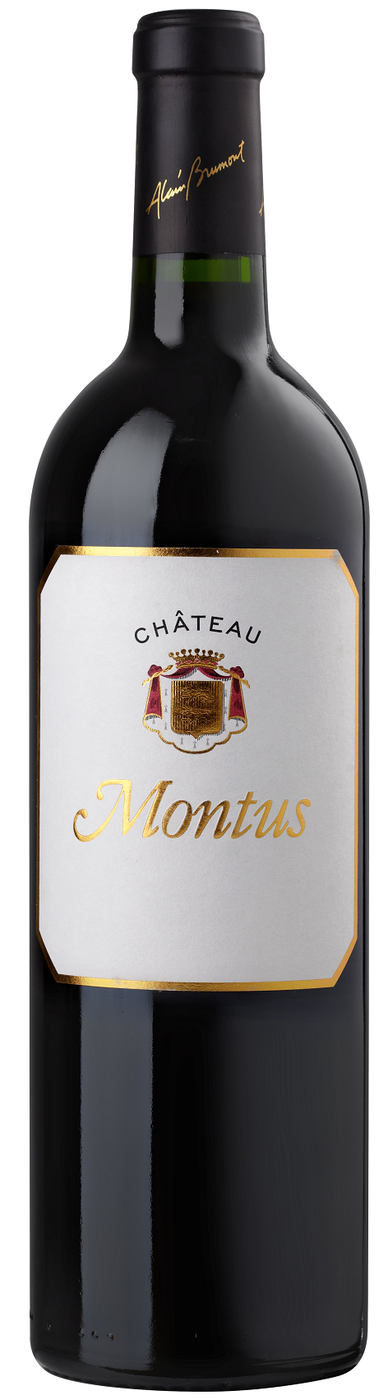 Flaskan är mörk och har en svart kapsel med Alain Brumonts signatur i guld samt en vit etikett med guldkant, ett vapen i rött och guld, ordet Château i svart och namnet Montus i guld. Château Montus, flaska. Flaskan är mörk och har en svart kapsel med Alain Brumonts signatur i guld samt en vit etikett med guldkant, ett vapen i rött och guld, ordet Château i svart och namnet Montus i guld.