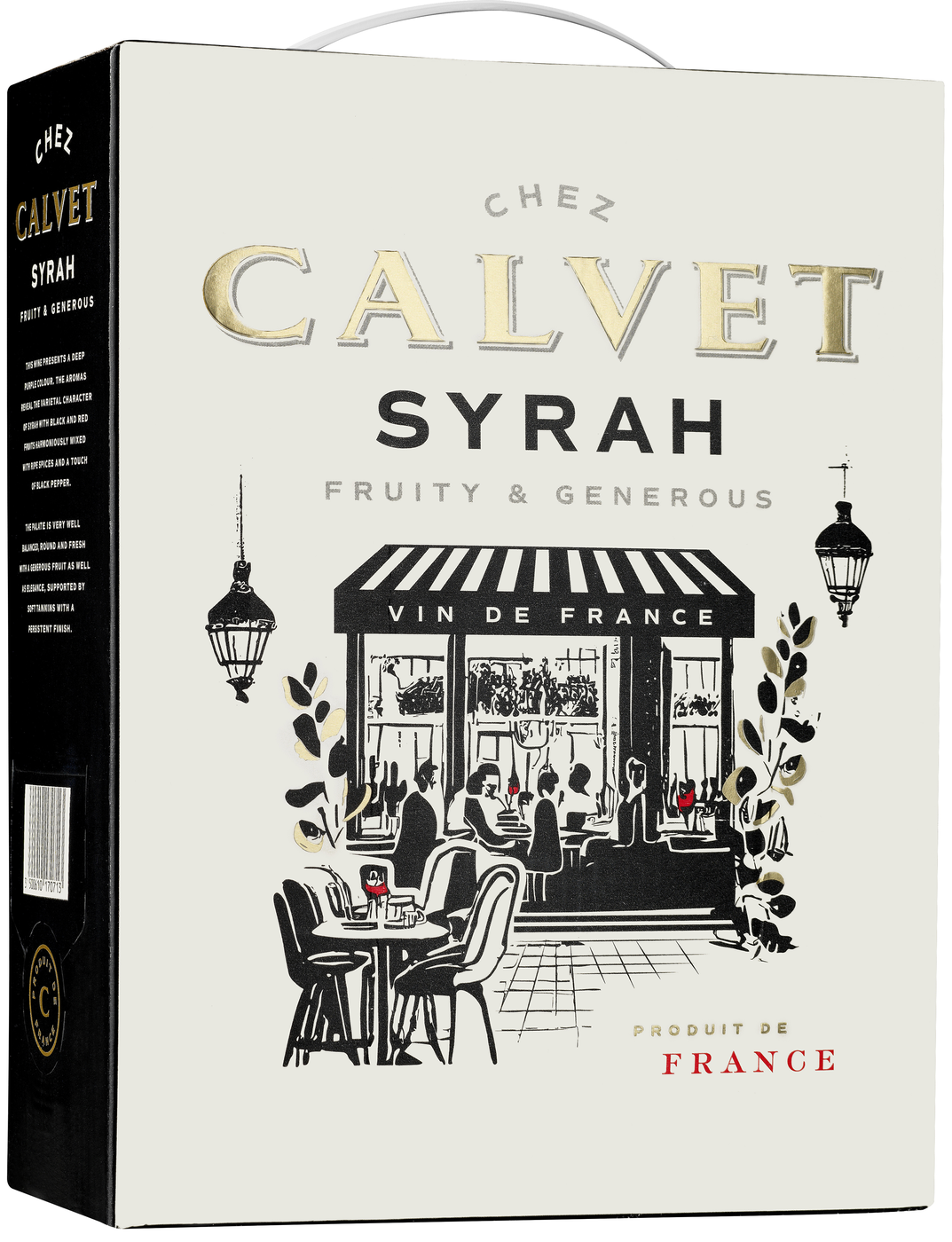 Kartongen är krämvit med texten Chez Calvet Syrah och en svartvit teckning av ett parisiskt kafé. Chez Calvet Syrah, bag-in-box. Kartongen är krämvit med texten Chez Calvet Syrah och en svartvit teckning av ett parisiskt kafé.