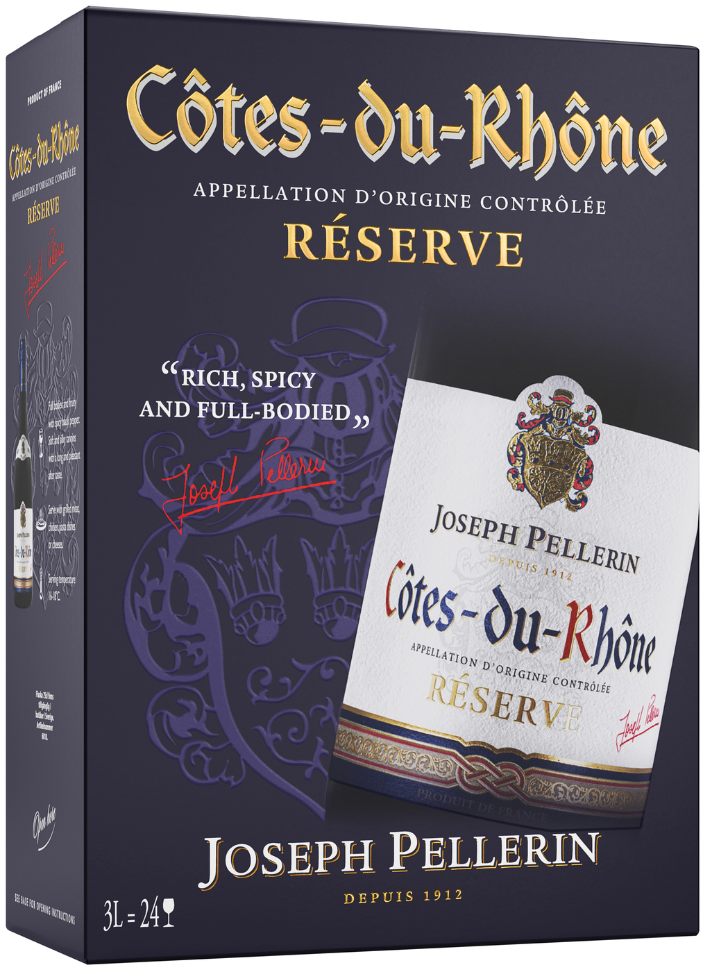 Mörkblå kartongbox med guldfärgad text Côtes-du-Rhône Réserve, namnet Joseph Pellerin och en avbildad flaska med vit etikett. Côtes-du-Rhône Reserve, bag-in-box. Mörkblå kartongbox med guldfärgad text Côtes-du-Rhône Réserve, namnet Joseph Pellerin och en avbildad flaska med vit etikett.
