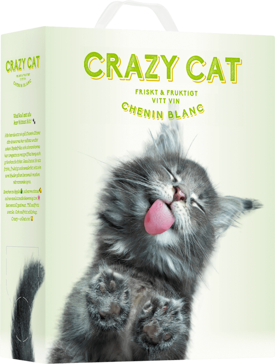 Ljusgrön kartongbox med texten Crazy Cat Chenin Blanc och en grå kattunge som slickar sig om munnen. Crazy Cat Chenin Blanc, bag-in-box. Ljusgrön kartongbox med texten Crazy Cat Chenin Blanc och en grå kattunge som slickar sig om munnen.