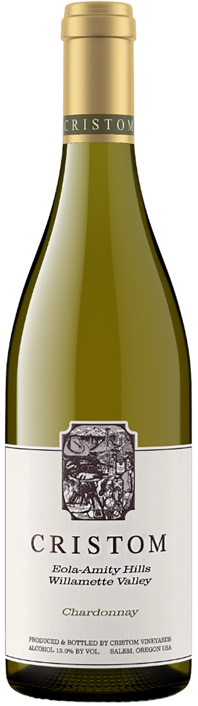 Flaskan är av ljusgrönt glas och har guldfärgad kapsel och en ljus etikett med en liten mörkbrun, gravyrliknande bild av en lantlig scen samt texten Cristom, Eola-Amity Hills, Willamette Valley och Chardonnay. Cristom Eola-Amity Hills Chardonnay, flaska. Flaskan är av ljusgrönt glas och har guldfärgad kapsel och en ljus etikett med en liten mörkbrun, gravyrliknande bild av en lantlig scen samt texten Cristom, Eola-Amity Hills, Willamette Valley och Chardonnay.