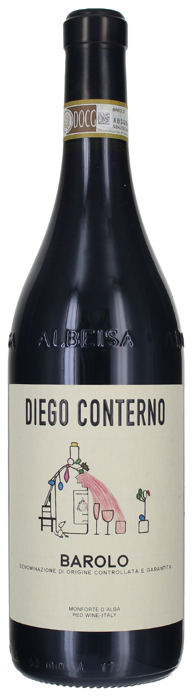 Flaskan står upprätt framifrån mot vit bakgrund, med ljus etikett där Diego Conterno och Barolo står kring en tecknad bild. Diego Conterno Barolo, flaska. Flaskan står upprätt framifrån mot vit bakgrund, med ljus etikett där Diego Conterno och Barolo står kring en tecknad bild.