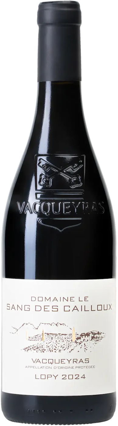 Flaskan är mörk och har svart kapsel, ett präglat Vacqueyras-vapen i glaset och en vit etikett med texten Domaine le Sang des Cailloux, Vacqueyras och Lopy 2024. Domaine le Sang des Cailloux Lopy, flaska. Flaskan är mörk och har svart kapsel, ett präglat Vacqueyras-vapen i glaset och en vit etikett med texten Domaine le Sang des Cailloux, Vacqueyras och Lopy 2024.