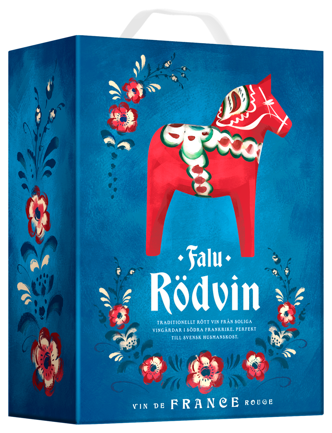 Blå vinbox med en röd dalahäst, blommor och texten Falu Rödvin samt Vin de France. Falu Rödvin, bag-in-box. Blå vinbox med en röd dalahäst, blommor och texten Falu Rödvin samt Vin de France.