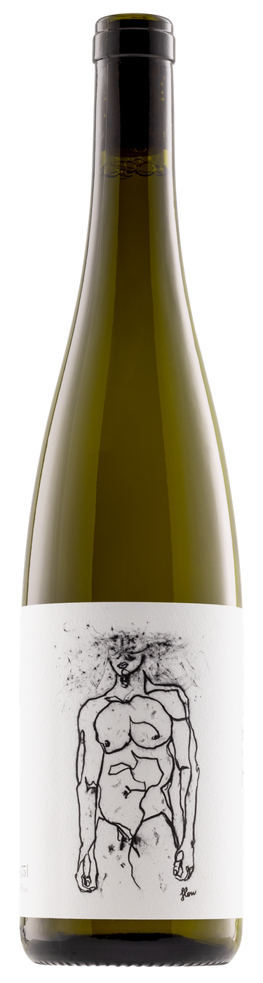 Flaska med grönt glas och vit etikett med en svartvit skiss av en människofigur. Geyerhof Hofstudien Grüner Veltliner, flaska. Flaska med grönt glas och vit etikett med en svartvit skiss av en människofigur.