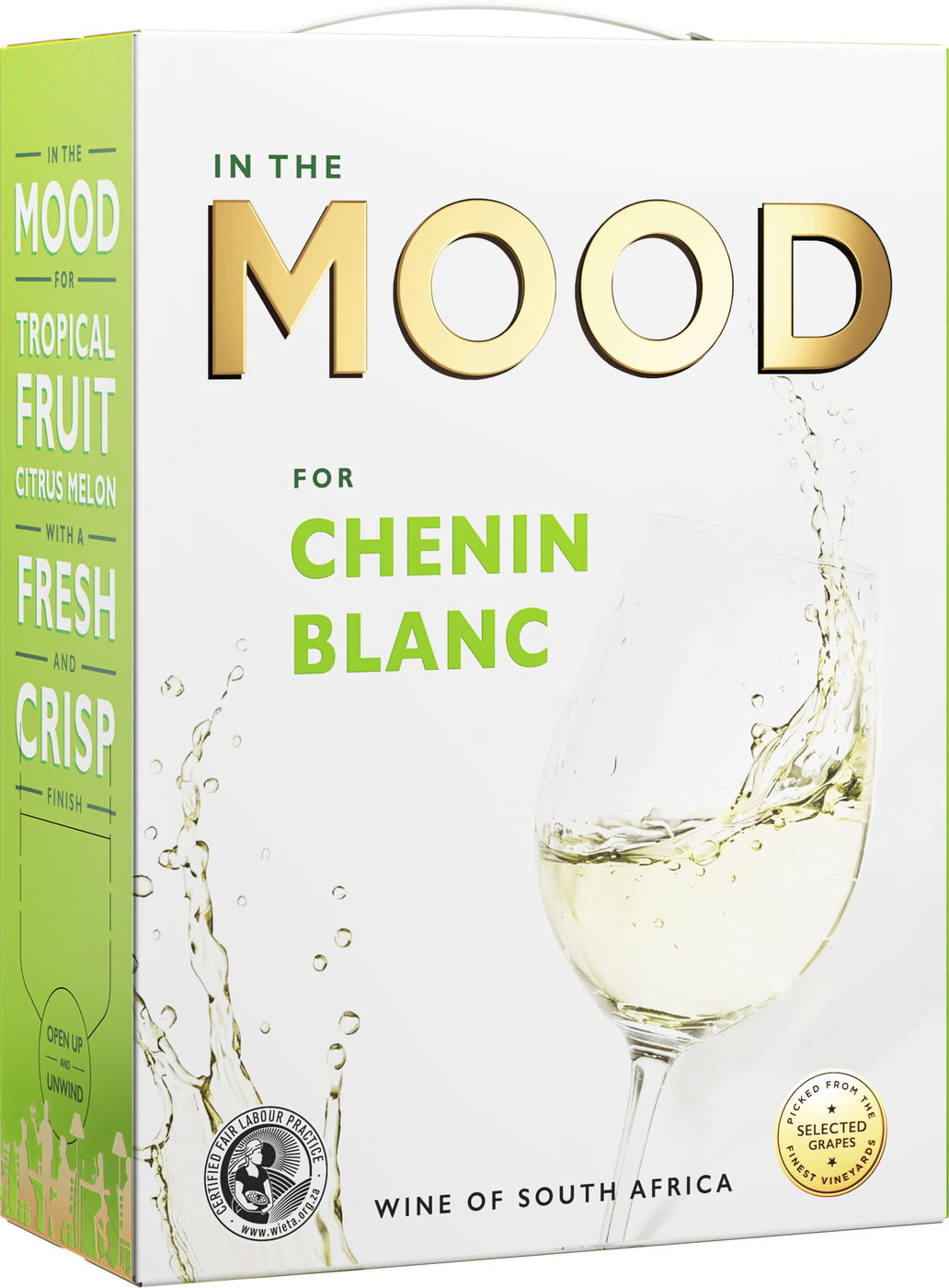 Limegrön och vit kartongbox med guldfärgad text In the Mood, ett glas med stänkande vitt vin och ett guldmärke nere till höger. In the MOOD for Chenin Blanc, bag-in-box. Limegrön och vit kartongbox med guldfärgad text In the Mood, ett glas med stänkande vitt vin och ett guldmärke nere till höger.