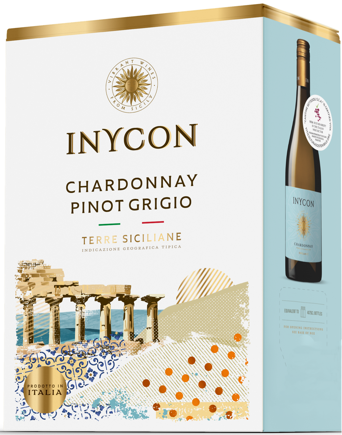 Vit och ljusblå box med texten Inycon, Chardonnay Pinot Grigio, Terre Siciliane, ett mönster av grekiska tempel och en avbildad flaska på sidan. Inycon Chardonnay Pinot Grigio, bag-in-box. Vit och ljusblå box med texten Inycon, Chardonnay Pinot Grigio, Terre Siciliane, ett mönster av grekiska tempel och en avbildad flaska på sidan.