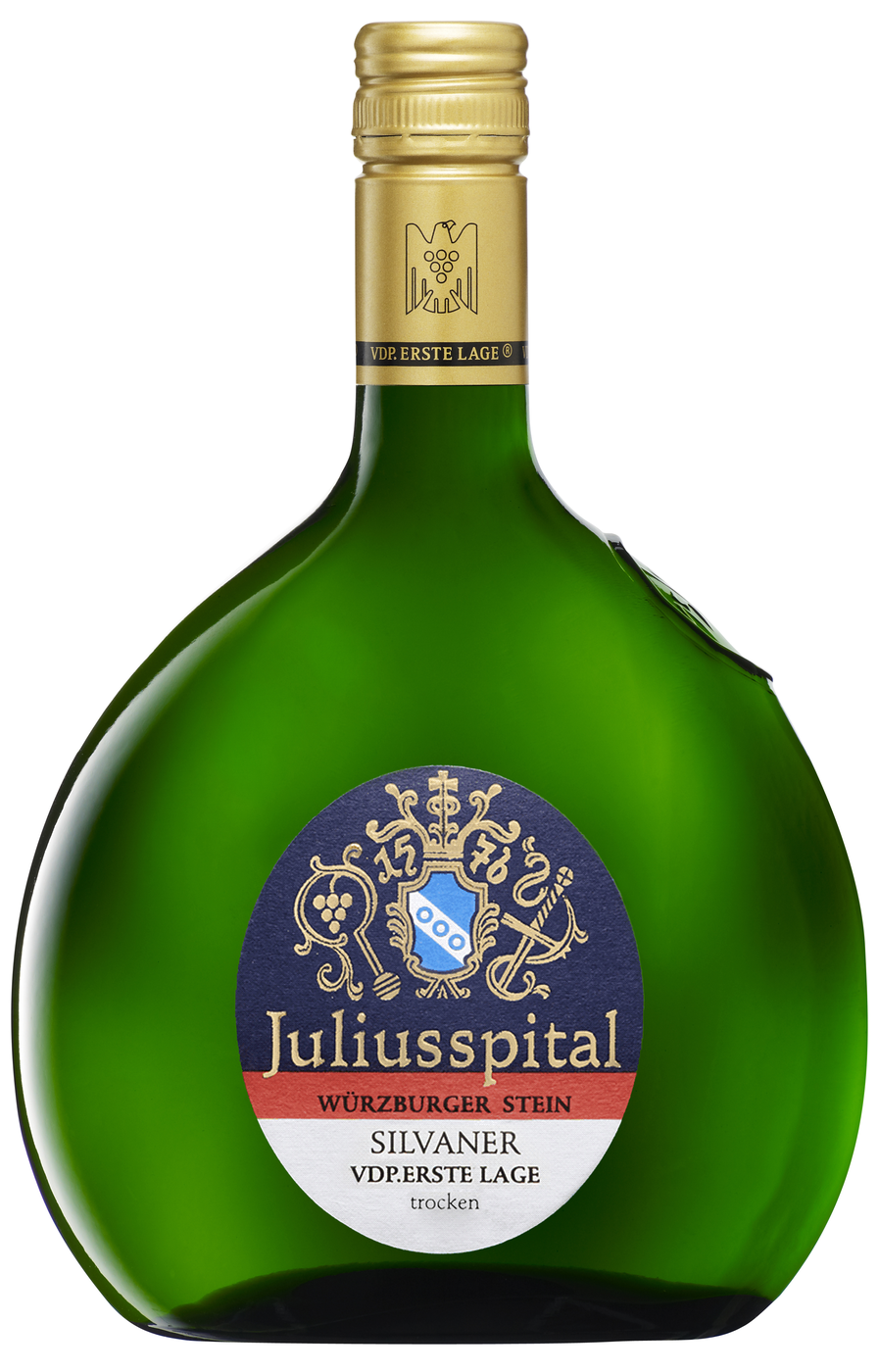 Flaskan är en grön bocksbeutel med gyllene skruvkapsyl och en oval etikett, mörkblå upptill med guldornament och ett blått vapen och röd och vit nedtill, med texten Juliusspital, Würzburger Stein, Silvaner, VDP.Erste Lage och trocken. Juliusspital Würzburger Stein Silvaner Erste Lage, flaska. Flaskan är en grön bocksbeutel med gyllene skruvkapsyl och en oval etikett, mörkblå upptill med guldornament och ett blått vapen och röd och vit nedtill, med texten Juliusspital, Würzburger Stein, Silvaner, VDP.Erste Lage och trocken.