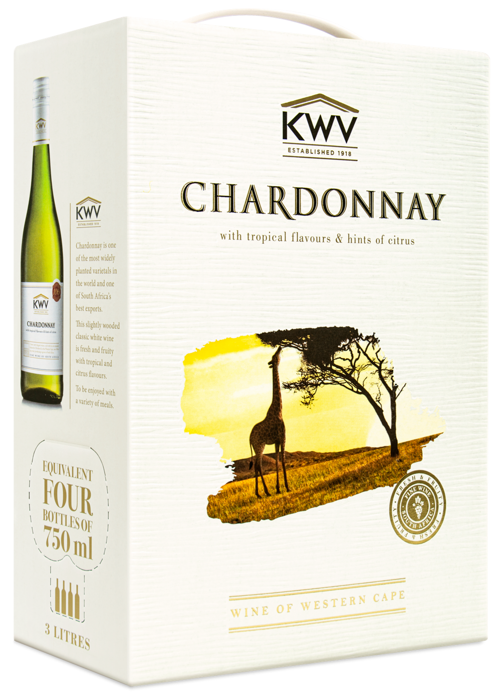 Kartongen är gräddvit med texten KWV Chardonnay och en bild av en giraff som betar från ett träd i guldgult ljus. KWV Chardonnay, bag-in-box. Kartongen är gräddvit med texten KWV Chardonnay och en bild av en giraff som betar från ett träd i guldgult ljus.