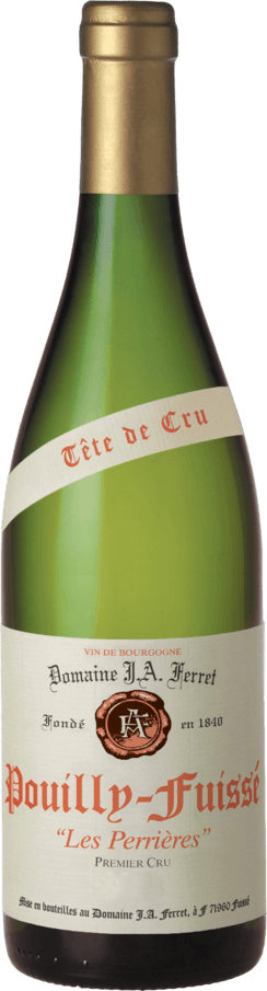 Grön flaska med guldfärgad kapsyl, ett snett band med texten Tête de Cru och en krämfärgad etikett med texten Domaine J.A. Ferret, Pouilly-Fuissé Les Perrières Premier Cru; etiketten visar ingen årgång. Pouilly-Fuissé Les Perrières Premier Cru, flaska. Grön flaska med guldfärgad kapsyl, ett snett band med texten Tête de Cru och en krämfärgad etikett med texten Domaine J.A. Ferret, Pouilly-Fuissé Les Perrières Premier Cru; etiketten visar ingen årgång.