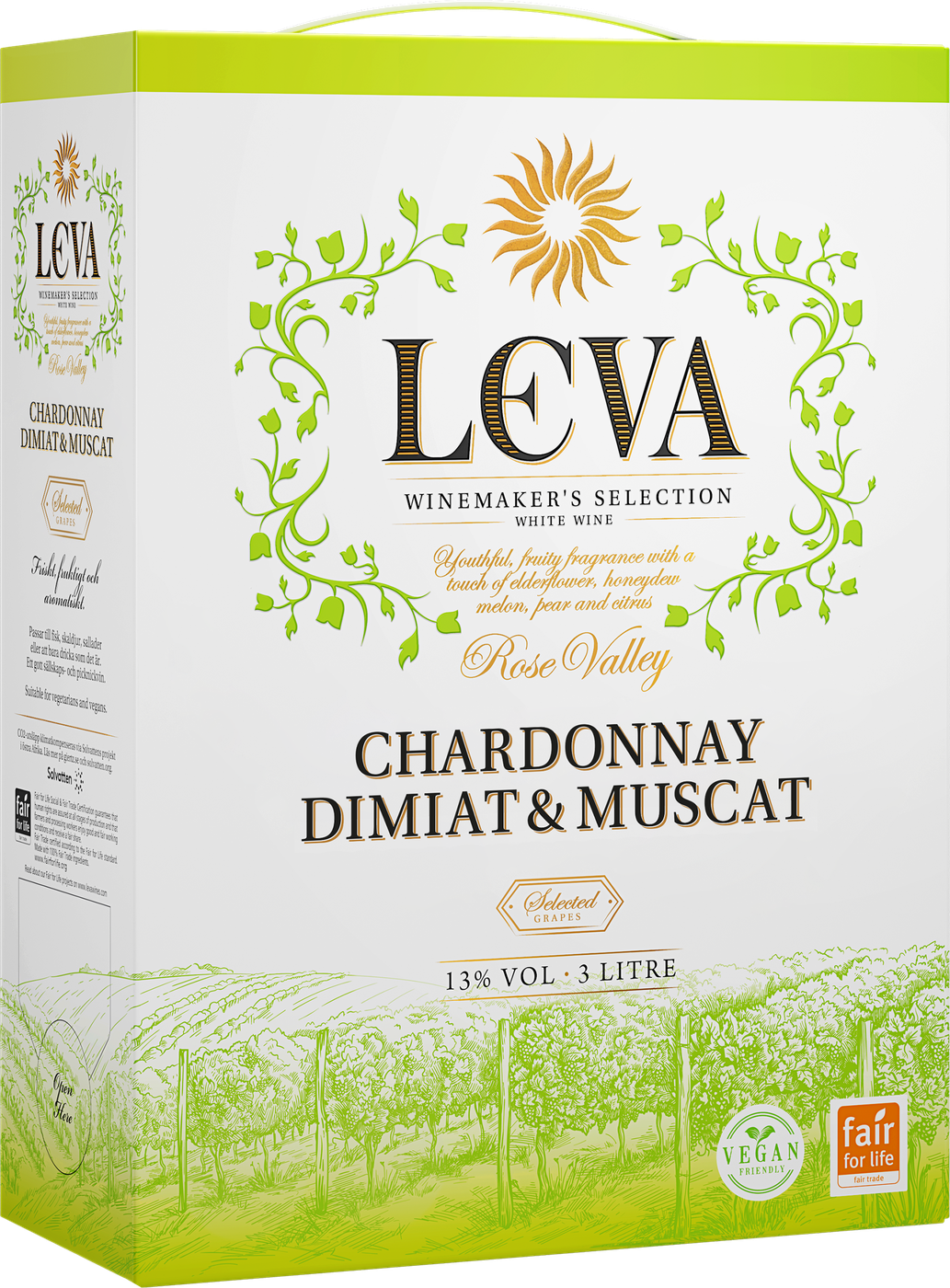 Vit kartongbox med limegröna kanter, en solsymbol, texten Leva Chardonnay Dimiat & Muscat och tecknade vinrankor längst ned. Leva Chardonnay Dimiat & Muscat, bag-in-box. Vit kartongbox med limegröna kanter, en solsymbol, texten Leva Chardonnay Dimiat & Muscat och tecknade vinrankor längst ned.