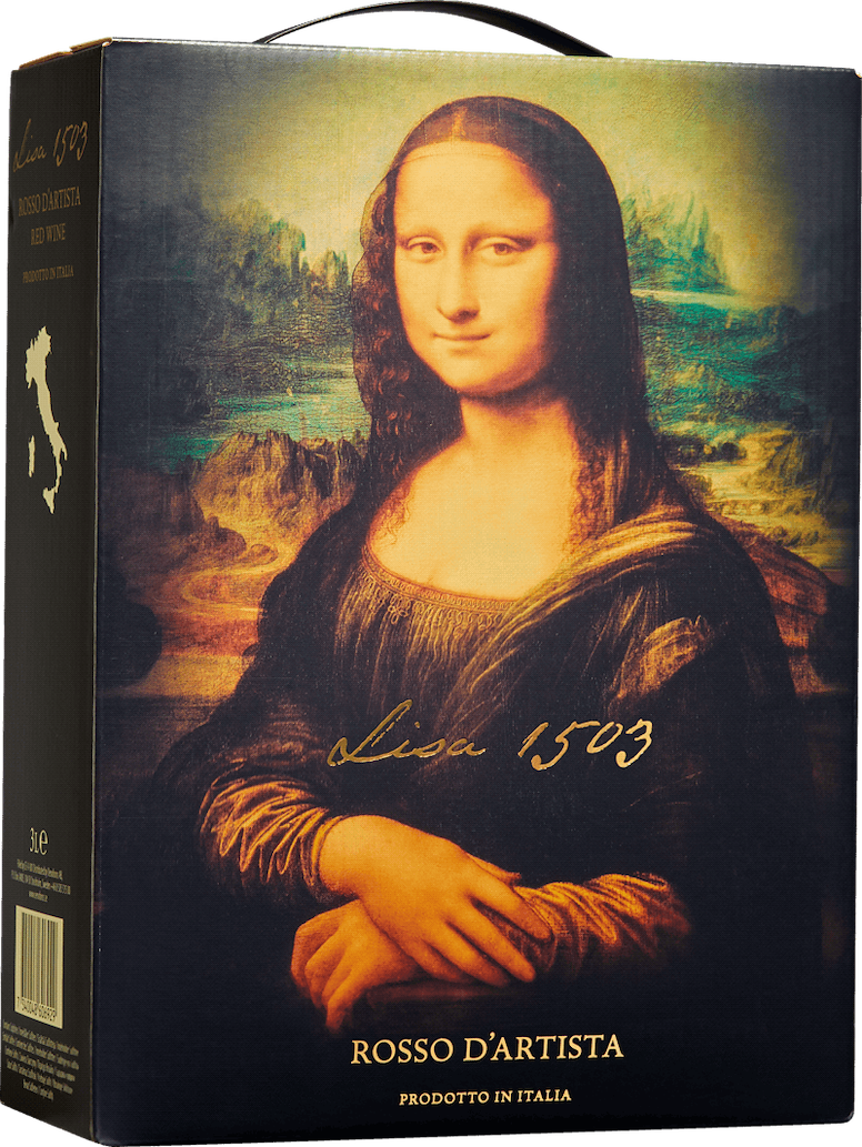 Mörk kartongbox med bärhandtag, en färgstark målning av Mona Lisa och texten Lisa 1503 Rosso D'Artista. Lisa 1503, bag-in-box. Mörk kartongbox med bärhandtag, en färgstark målning av Mona Lisa och texten Lisa 1503 Rosso D'Artista.