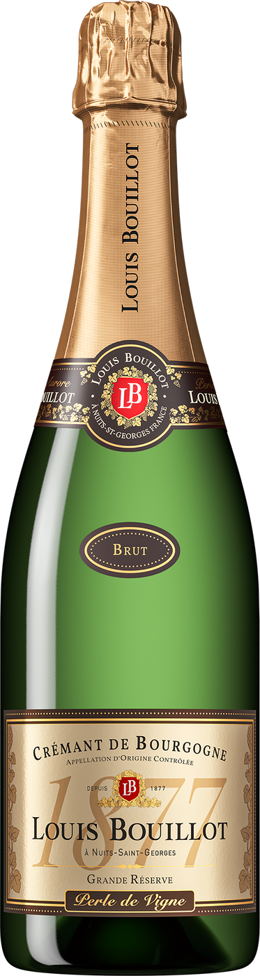 Grön flaska med guldfärgad folie på halsen och en guldfärgad etikett med texten Louis Bouillot, 1877 och Perle de Vigne. Louis Bouillot Crémant de Bourgogne Brut, flaska. Grön flaska med guldfärgad folie på halsen och en guldfärgad etikett med texten Louis Bouillot, 1877 och Perle de Vigne.