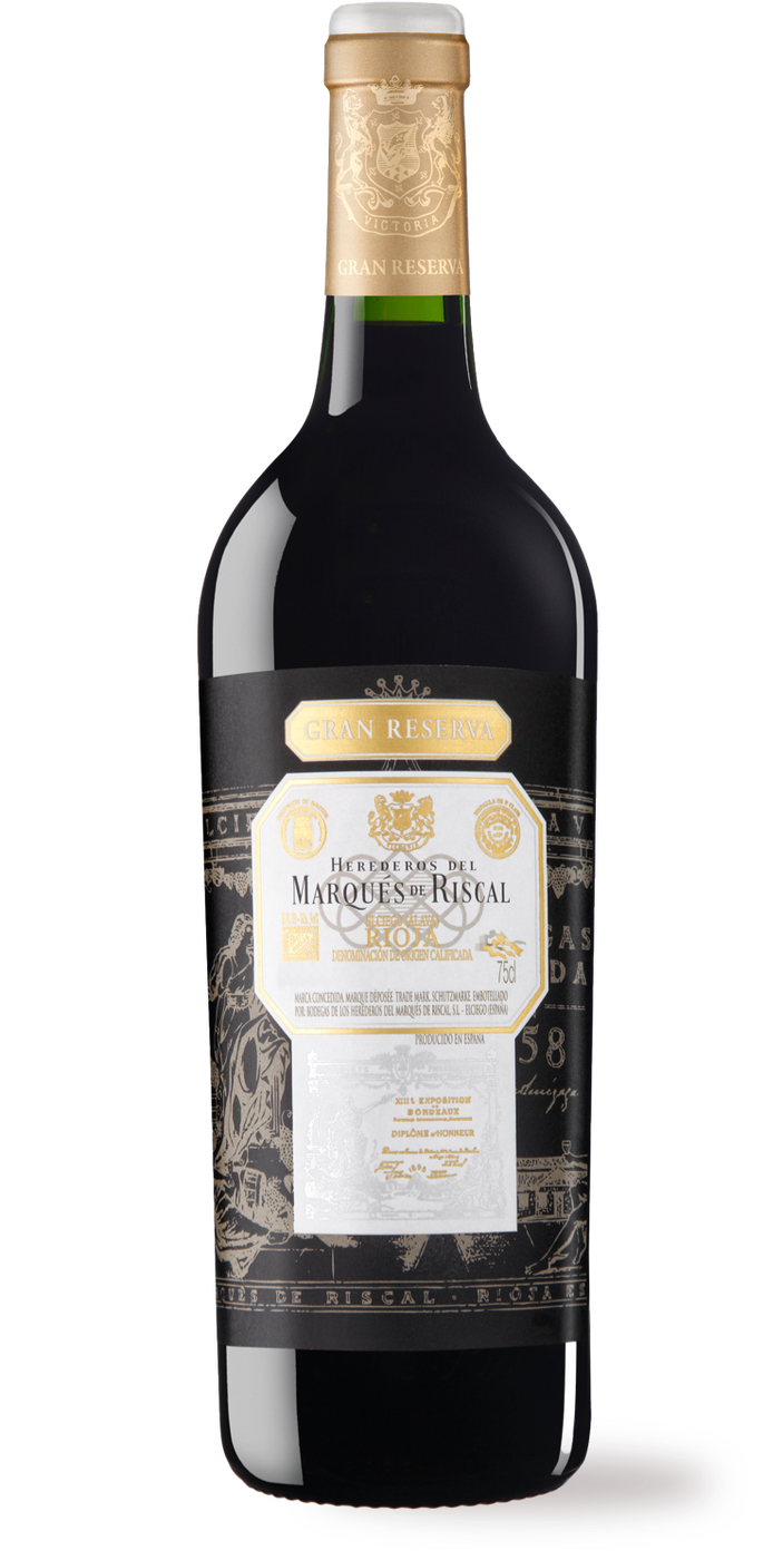 Flaska med svart etikett och guldfärgad kapsyl, Marqués de Riscal Gran Reserva, framifrån. Marqués de Riscal Gran Reserva, flaska. Flaska med svart etikett och guldfärgad kapsyl, Marqués de Riscal Gran Reserva, framifrån.