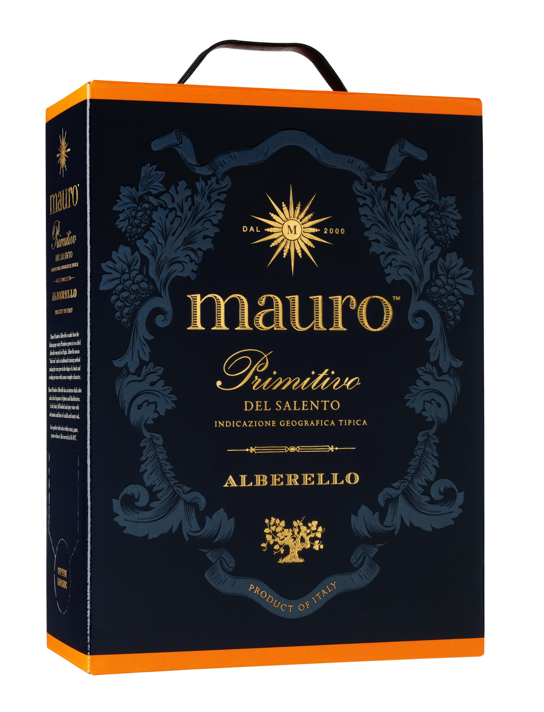 Mörkblå box med orange kant upptill och nedtill, en guldfärgad sol och texten mauro, Primitivo del Salento, Alberello. Mauro Primitivo Alberello, bag-in-box. Mörkblå box med orange kant upptill och nedtill, en guldfärgad sol och texten mauro, Primitivo del Salento, Alberello.