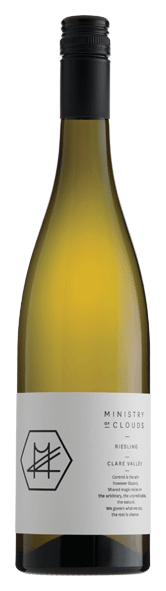 Flaska av ljusgrönt glas med svart kapsyl och en ljus etikett med Ministry of Clouds hexagonlogga. Ministry of Clouds Riesling, flaska. Flaska av ljusgrönt glas med svart kapsyl och en ljus etikett med Ministry of Clouds hexagonlogga.
