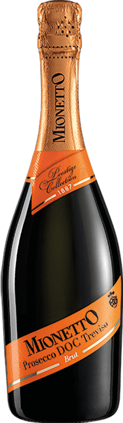 Mörk flaska med orange folie på halsen och en orange etikett med texten Mionetto Prosecco DOC Treviso Brut. Mionetto Prosecco Brut, flaska. Mörk flaska med orange folie på halsen och en orange etikett med texten Mionetto Prosecco DOC Treviso Brut.