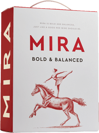 Boxen är vit med rött och texten Mira, Bold & Balanced och en balettdansös på en häst. Mira, bag-in-box. Boxen är vit med rött och texten Mira, Bold & Balanced och en balettdansös på en häst.
