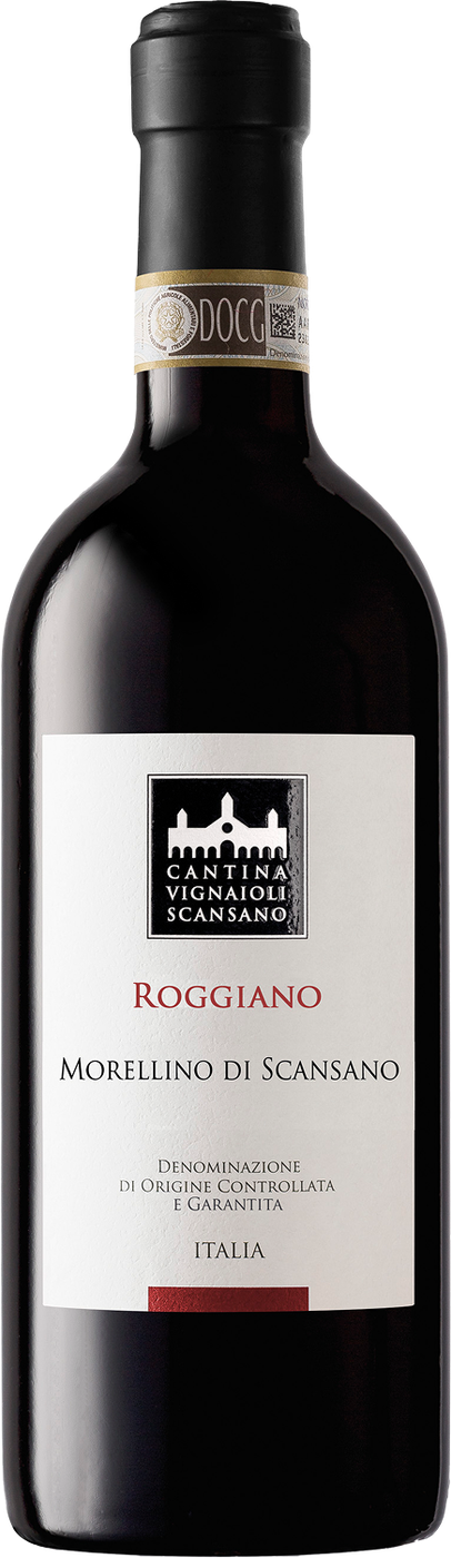 Flaska med svart kapsyl och DOCG-band samt vit etikett med texten Roggiano, Morellino di Scansano och Cantina Vignaioli Scansano. Morellino di Scansano Roggiano, flaska. Flaska med svart kapsyl och DOCG-band samt vit etikett med texten Roggiano, Morellino di Scansano och Cantina Vignaioli Scansano.