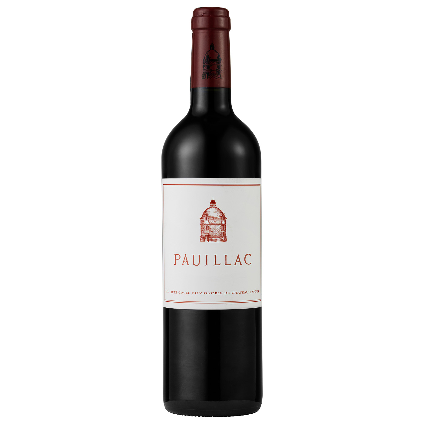 Flaskan är mörk med en vinröd kapsel och en vit etikett med en röd teckning av ett runt torn, ordet Pauillac och texten Société Civile du Vignoble de Château Latour. Pauillac de Latour, flaska. Flaskan är mörk med en vinröd kapsel och en vit etikett med en röd teckning av ett runt torn, ordet Pauillac och texten Société Civile du Vignoble de Château Latour.