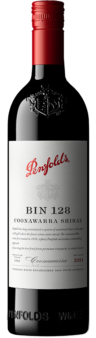Flaska med vit etikett, Penfolds Bin 128 Coonawarra Shiraz 2024, framifrån. Penfolds Bin 128 Coonawarra Shiraz, flaska. Flaska med vit etikett, Penfolds Bin 128 Coonawarra Shiraz 2024, framifrån.