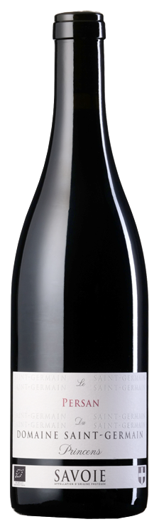 Flaska med vit etikett där det står Le Persan du Domaine Saint-Germain, Princens, Savoie, framifrån. Persan Princens, flaska. Flaska med vit etikett där det står Le Persan du Domaine Saint-Germain, Princens, Savoie, framifrån.
