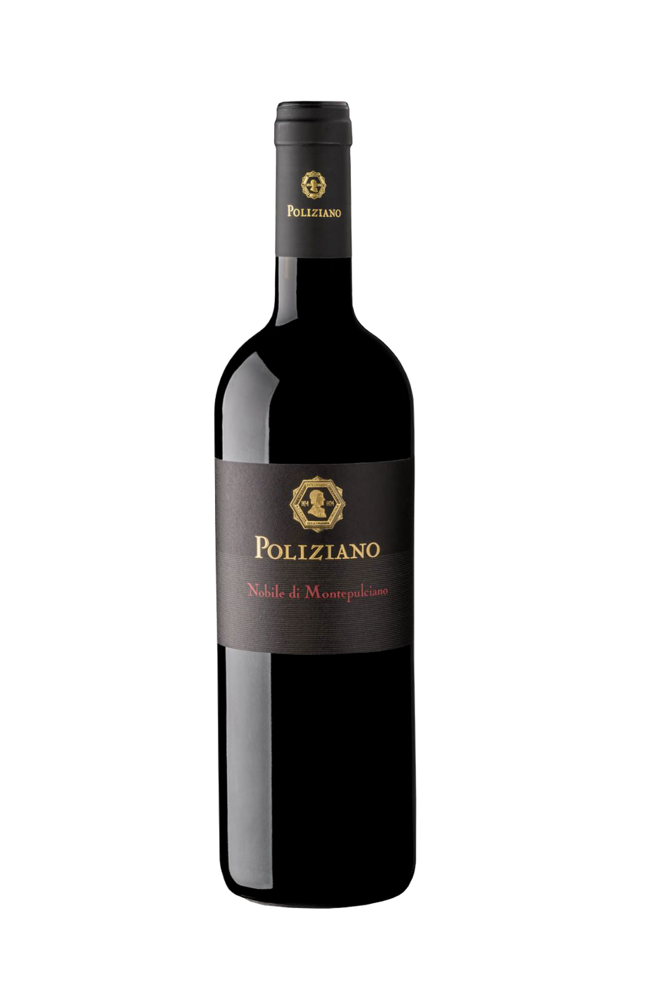 Mörk flaska med svart etikett, ett litet guldfärgat emblem upptill och rödbrun text nedtill, naturkork. Poliziano Vino Nobile di Montepulciano, flaska. Mörk flaska med svart etikett, ett litet guldfärgat emblem upptill och rödbrun text nedtill, naturkork.