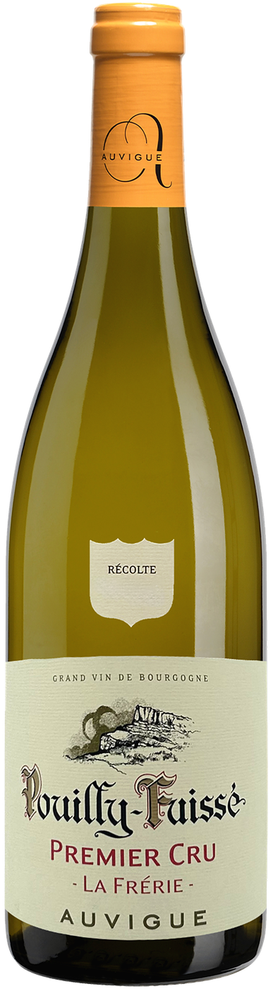 Flaskan är av grönaktigt glas med en orange kapsel med Auvigue-logotypen, en tom sköldformad dekal märkt Récolte och en vit etikett med en liten skiss av klippan Roche de Solutré samt texten Pouilly-Fuissé, Premier Cru, La Frérie och Auvigue. Pouilly-Fuissé Premier Cru La Frérie, flaska. Flaskan är av grönaktigt glas med en orange kapsel med Auvigue-logotypen, en tom sköldformad dekal märkt Récolte och en vit etikett med en liten skiss av klippan Roche de Solutré samt texten Pouilly-Fuissé, Premier Cru, La Frérie och Auvigue.