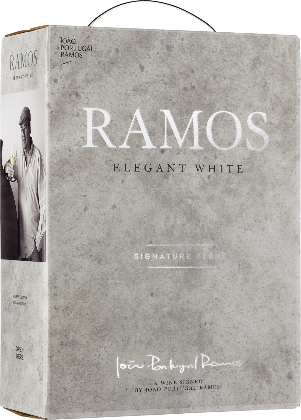 Kartongen är grå med betongmönster och texten Ramos Elegant White samt en man med keps på sidan. Ramos Elegant White, bag-in-box. Kartongen är grå med betongmönster och texten Ramos Elegant White samt en man med keps på sidan.