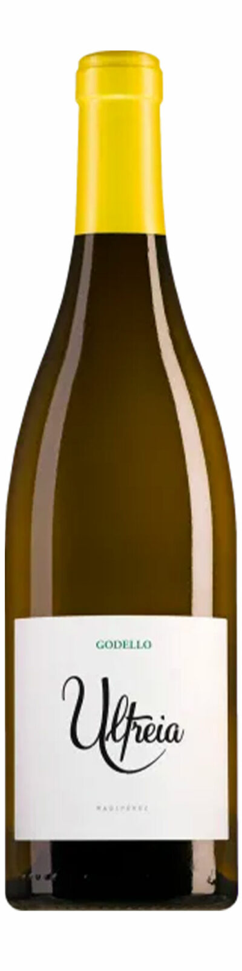 Flaskan är av olivgrönt glas med gul kapsel och en vit etikett med texten Godello i grönt, Ultreia i stor svart skrivstil och Raúl Pérez längst ned. Raúl Pérez Ultreia Godello, flaska. Flaskan är av olivgrönt glas med gul kapsel och en vit etikett med texten Godello i grönt, Ultreia i stor svart skrivstil och Raúl Pérez längst ned.