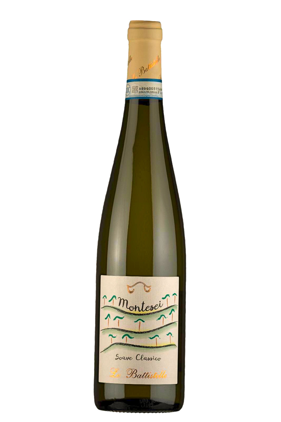 Grön flaska med gyllene kapsel med blått band och en krämvit etikett med målade gröna kullar och palmer samt texten Montesei, Soave Classico och Le Battistelle. Soave Classico Montesei, flaska. Grön flaska med gyllene kapsel med blått band och en krämvit etikett med målade gröna kullar och palmer samt texten Montesei, Soave Classico och Le Battistelle.