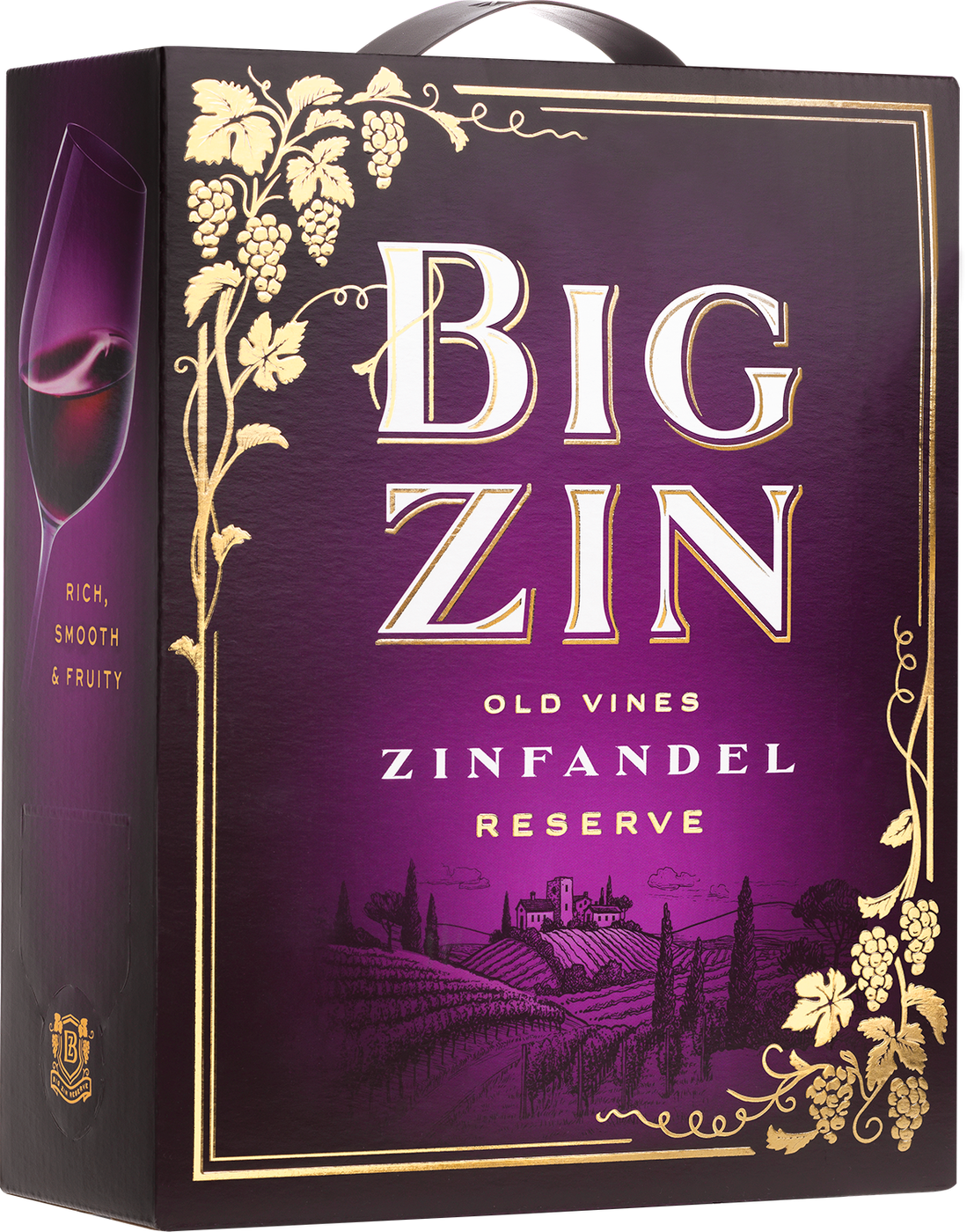 Lila kartongbox med guldfärgade vinrankor, texten Big Zin Old Vines Zinfandel Reserve och ett vinglas på sidan. The Big Zin Zinfandel Old Vines, bag-in-box. Lila kartongbox med guldfärgade vinrankor, texten Big Zin Old Vines Zinfandel Reserve och ett vinglas på sidan.