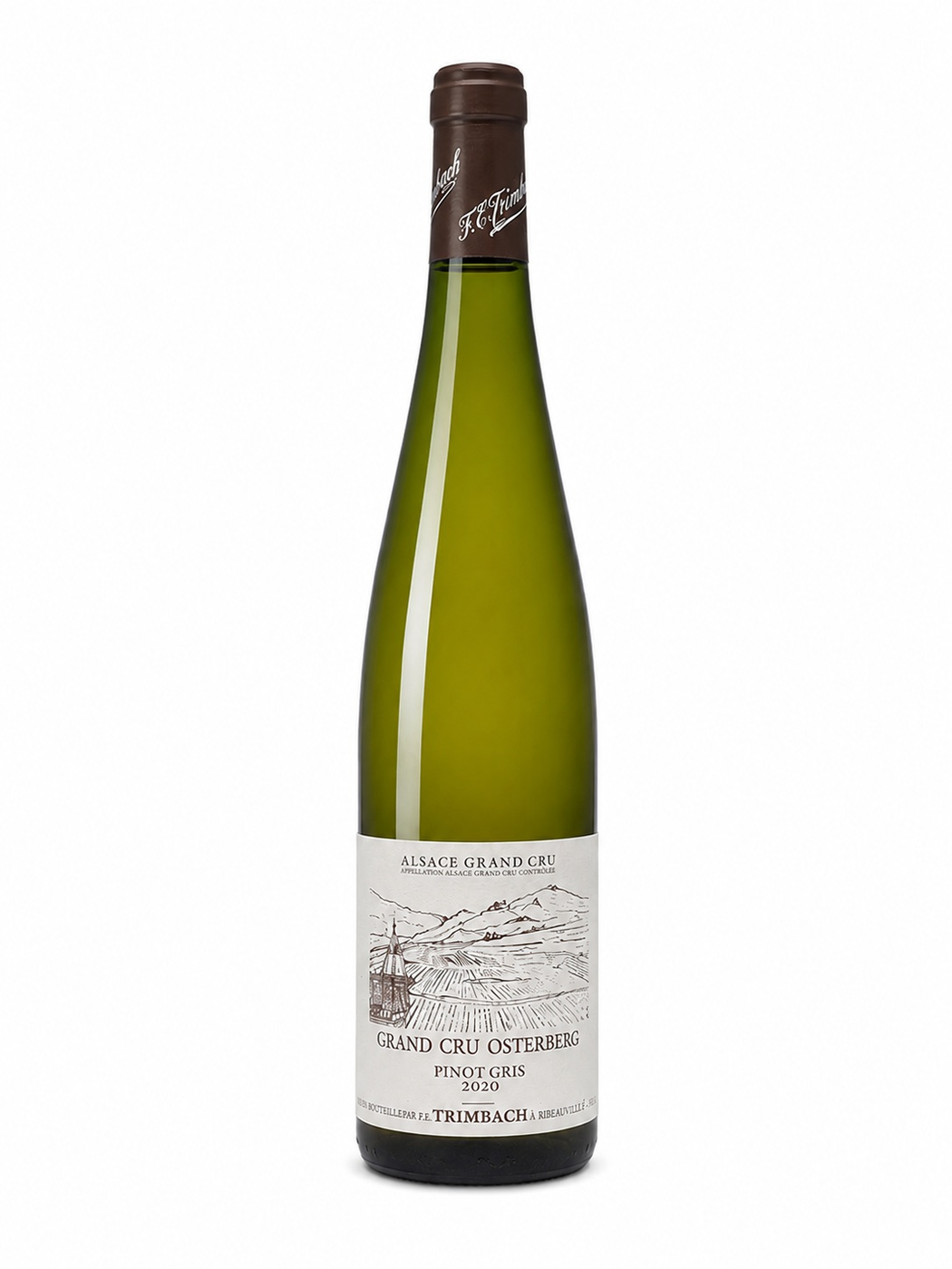Flaskan är grön och slank med en brun kapsel och en ljus etikett med en tecknad vingårdsbild och texterna Alsace Grand Cru, Grand Cru Osterberg, Pinot Gris, 2020 och Trimbach. Trimbach Pinot Gris Grand Cru Osterberg, flaska. Flaskan är grön och slank med en brun kapsel och en ljus etikett med en tecknad vingårdsbild och texterna Alsace Grand Cru, Grand Cru Osterberg, Pinot Gris, 2020 och Trimbach.