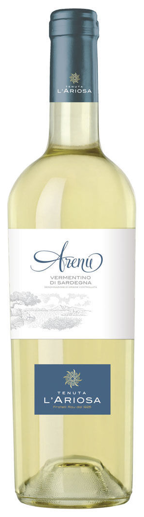 Flaska med blå kapsyl och vit etikett med texten Arenu, Vermentino di Sardegna och Tenuta L'Ariosa. Vermentino di Sardegna Arenu, flaska. Flaska med blå kapsyl och vit etikett med texten Arenu, Vermentino di Sardegna och Tenuta L'Ariosa.